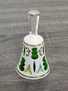 Vintage Czech Bohemian Green White Cased Glass Bell Hand Painted Flowers - Picture 1 of 12
