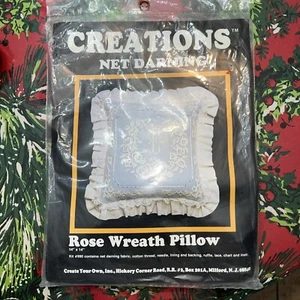 Brand New Sealed Creations Net Darning Kit 990 Rose Wreath Pillow Elegant Lace - Picture 1 of 4