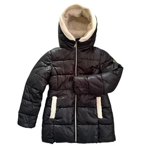 MICHAEL KORS Girls Black Hooded Shiny Puffer Sherpa Jacket 14 MSRP $150.00  - Picture 1 of 9