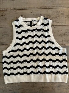 H&M Divided Ivory/BlackPointelle Knit Crochet Striped Sweater Tank Top Sz XL - Picture 1 of 6