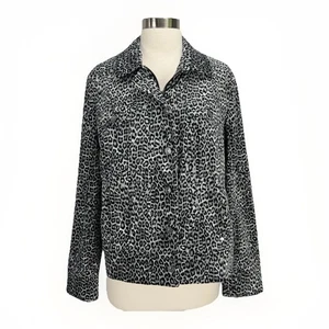 Chicos Sz 2 Trucker Jacket L Black Gray Leopard Print Velveteen Full Zip *FLAW - Picture 1 of 20