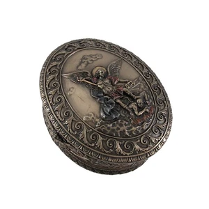 Ornate Bronze St. Michael Bas Relief Oval Trinket Box - Picture 1 of 5