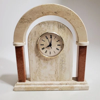 MCM Travertino Mármol Ganga Mesa Escritorio Reloj Art Deco Modernista Arqueado Usado en Excelente Condición Foto 1 de 4