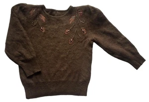 Vintage Jumper 80s Dark Brown Embellished Bead Retro Indie Boho 10 - Picture 1 of 2