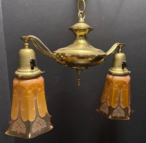 Antique Art Deco Gold Brass 2-Light Chandelier Amber Glass Etch Shades Working - Picture 1 of 24