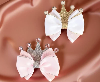 Princess Crown Hair Bow Clip Set – Pink & White Glitter Rhinestone Bows for Girl - Image 1 of 4