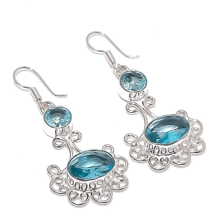 Aqua Aquamarine Gemstone Handmade 925 Sterling Silver Jewelry Earring Size 2" - Image 1 of 1