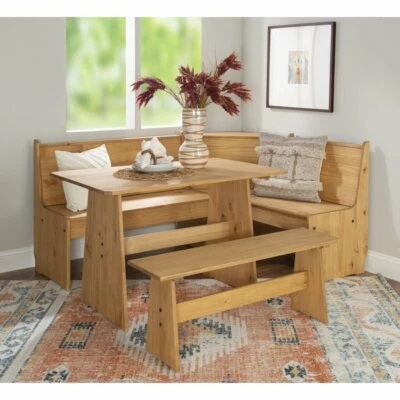 Rustic 3 pc Natural Wooden Breakfast Nook Dining Set Corner Booth Bench Table - Image 1 of 4