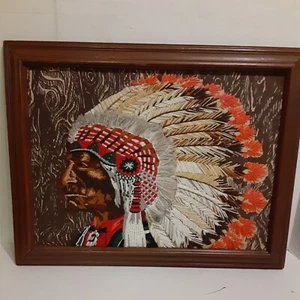 Lg.Vtg. Embroidered Crewel Native Indian Chief Az Tec Art Picture In Frame 17 X - Picture 1 of 12