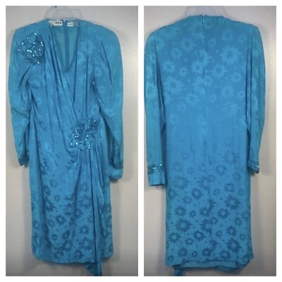 Vestido midi azul adornado con lentejuelas drapeado 100 % seda años 80 d’ore de colección talla 10 Foto 1 de 4