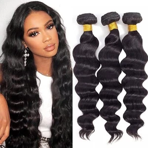Natural Black Loose Wave Human Hair Bundles Remy Brazilian Virgin Hair Extension - Picture 1 of 30