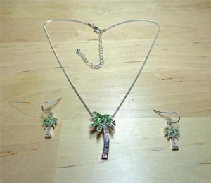 BEACH FASHION SILVER TONE RHODIUM PALM TREE & CZ'S PENDANT NECKLACE AND EARRINGS - Picture 1 of 8