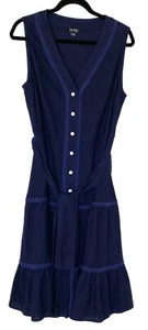 NICOLE MILLER Blue Linen Blend V-Neck Button Front Belted Waist Tie Tier Dress L - Picture 1 of 6