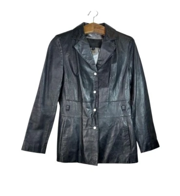 Vintage GUESS Black Distressed Leather Jacket Snap Buttons Y2K Grunge Size M - Image 1 of 4