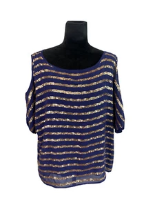 Bebe Size L Blue Short Cold Shoulder Dolman Sleeve Top Striped Gold Sequins - Picture 1 of 8