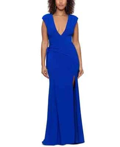 Betsy & Adam Gown Size 0 Blue Deep V-Neck Ruched High Slit Side Tie NWOT - Picture 1 of 8