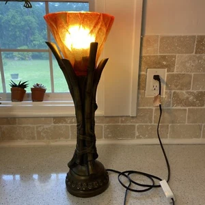 Tall Brass Tone Torch Lamp with Orange Shade 20” - Picture 1 of 9