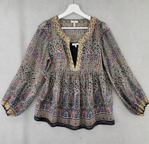 Joie Shirt Womens Small 100% Silk Black Paisley Sheer Embroidereed Aztec Boho - Picture 1 of 8