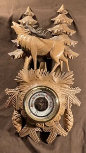 Large Vintage German Black Forest Hunter Barometer Hand Carved Wood Sculpture - Picture 1 of 20