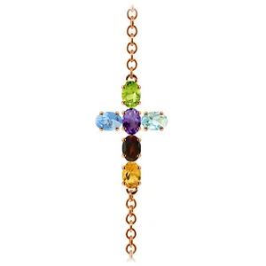 14K. SOLID GOLD CROSS BRACELET WITH NATURAL MULTI COLORS GEMSTONES - Picture 1 of 21