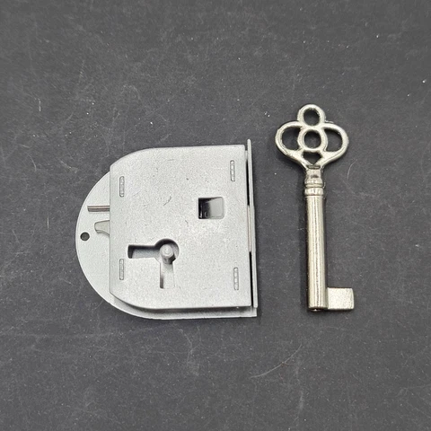 Vintage Silver Cabinet Drawer Dresser Lock with Skeleton Key 1 3/4" x 1 3/4" NOS Cover