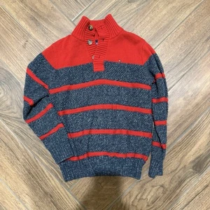 Tommy Hilfiger Sweater Red Gray Blue 1/4 Button Pullover Boy Size 12/14 Medium - Picture 1 of 5