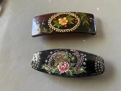 2 Vintage Highly Decorated Hair Barrettes 棕色/黑色 — 第 1/3 张图片