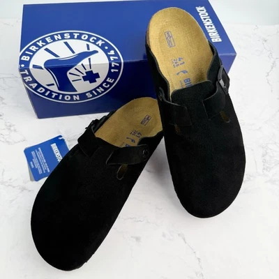 Birkenstock Boston Black Suede Leather Soft Footbed Women and Men Clog Shoes - Image 1 of 4