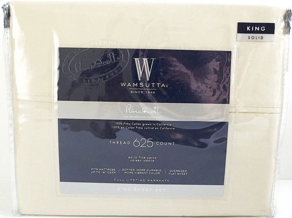 Juego de sábanas WAMSUTTA 625 TC Pima Cotton KING con (4) fundas de almohada King MARFIL NUEVO Foto 1 de 4