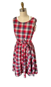 NWT SZ Large Luouse Womens Red White Blue Plaid V Neck 1950s Retro Pin Up Dress - Picture 1 of 8