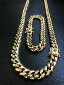 10mm Mens Miami Cuban Link Bracelet & Chain Set 14k Gold Plated Stainless Steel - Picture 1 of 11