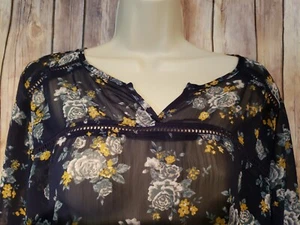 Mossimo Womens Sheer Blue Floral Blouse Roll Tab Sleeves Tag XL fits size Large - Picture 1 of 6