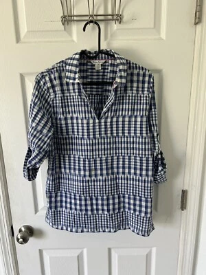 Blusa Top Tommy Bahama Azul a Cuadros Mujer Talla Pequeña MANCHAS Foto 1 de 4