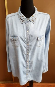 Faded Glory Chambra Denim Strass Western Hemd Damen 22/24 Perlmutt - Bild 1 von 11