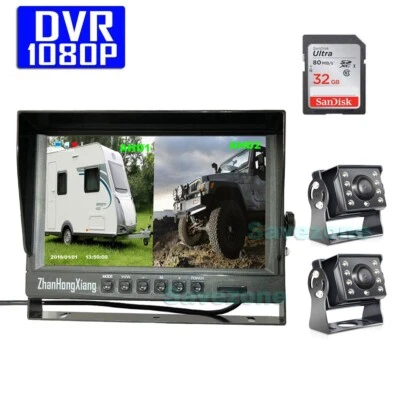 9" AHD 1080P Car DVR Monitor +2x 8IR Car Rear View Mirror Backup Camera Kit 32GB - Image 1 of 4