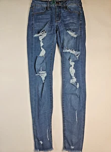 SO Ankle Jeggings. Size 3. Light Wash Low Rise Stretch Denim. Very Distressed. - Picture 1 of 17