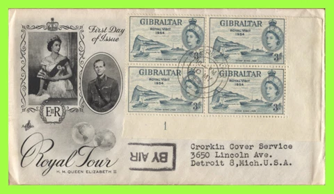 Gibraltar 1954 QEII Royal Visit plate block on illustrated First Day Cover Cover