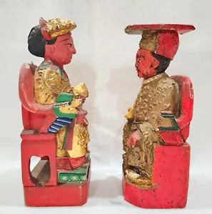 2 Antichi Dei/Imperatori Cucina Cinese in Legno Policromo 9,5" Maschio e Femmina - Foto 1 di 12