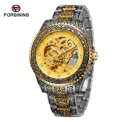 Reloj mecánico de lujo para hombre con movimiento dorado de acero inoxidable esqueleto diamante Foto 1 de 4