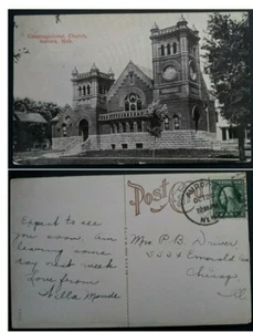 1916 United States Postcard "Congregational Church Aurora" ties 1c stamp - Picture 1 of 3