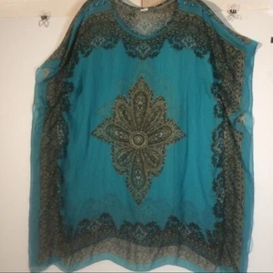 100% Silk Green Black Semi Sheer Poncho Beaded Swim Cover Drapey Top *DAMAGE - Picture 1 of 7