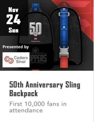 Los Angeles Clippers "50th Anniversary" Sling Backpack SGA 11/24/19 New! Cover