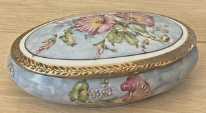 Bonbonnière en porcelaine de Limoges à décor de fleurs - Bleu ciel - Picture 1 of 5