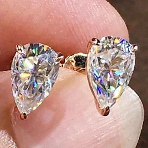 2.00Ct Pear Cut Lab-Created Diamond 3 Prong Stud Earrings 14K Yellow Gold Plated - Picture 1 of 8
