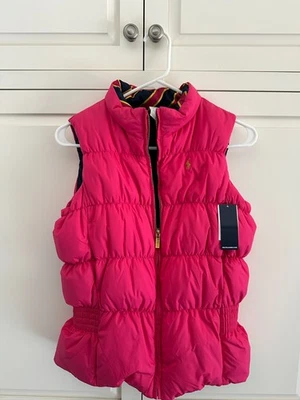 Ralph Lauren 女孩羽绒背心粉色蓝色双面户外 L 12/14 全新标签 — 第 1/4 张图片