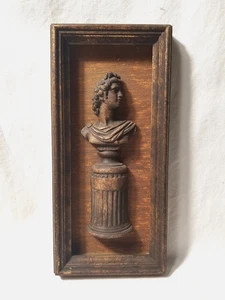Vtg Gold Tone Apollo Bust Hanging Wall Decor in Weathered Wood Frame Regency - Picture 1 of 8