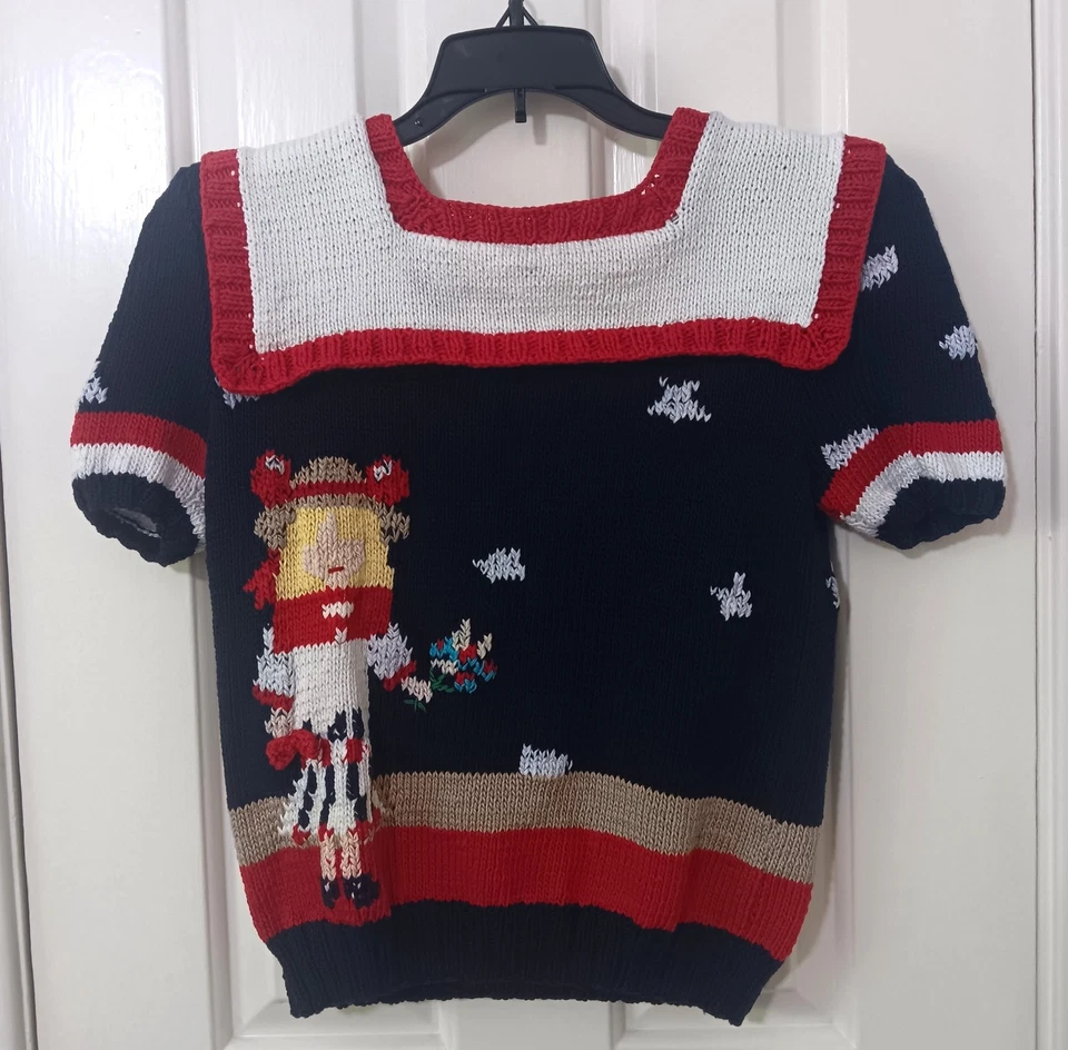 Berek Vintage Hand Knit Graphic Sweater Sailor Collar Red White Blue Girl 12 - Image 1 of 4