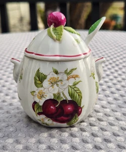 Lenox Orchard Porzellan Kirsche Gelee Marmeladenglas mit Deckel & Löffel 1991 Cottagecore - Bild 1 von 15