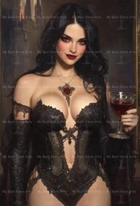 IMPRESIÓN ARTÍSTICA MUJER VAMPIRO, decoración de póster gótico, fantasía sexy dama decoración copa de vino - Imagen 1 de 2