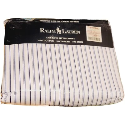 NOS Ralph Lauren Westland Multi Striped Blue & White T200 King Fitted Sheet  - Image 1 of 4